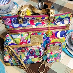 FINAL PRICE DROP! Coach Poppy Multi-color Pop C Glam Rare and Leather Tote Set
